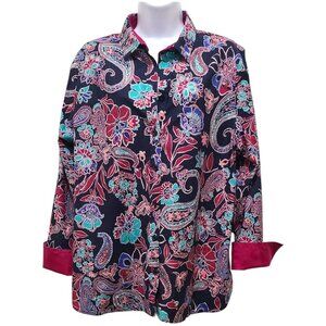 Chico's Paisley Print Blouse XL Non Iron Chic Stretch Flip Cuff Button Up